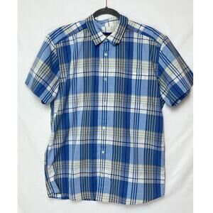 Patagonia Men's Blue LARGE Tan Plaid Short Sleeve Button Up Casual Outdoor Shirt